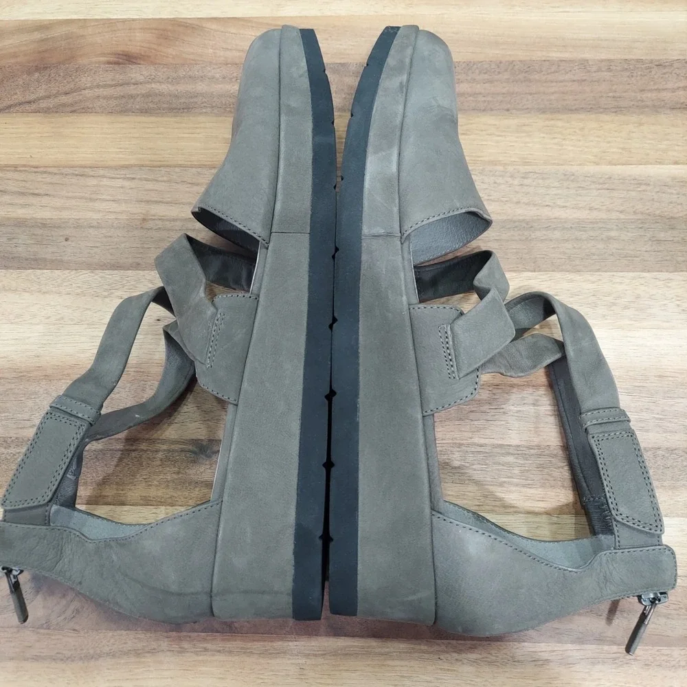 Eileen Fisher Wedge Sandals Women's 10 Gray Leather Strappy Pointed Toe Zip Back